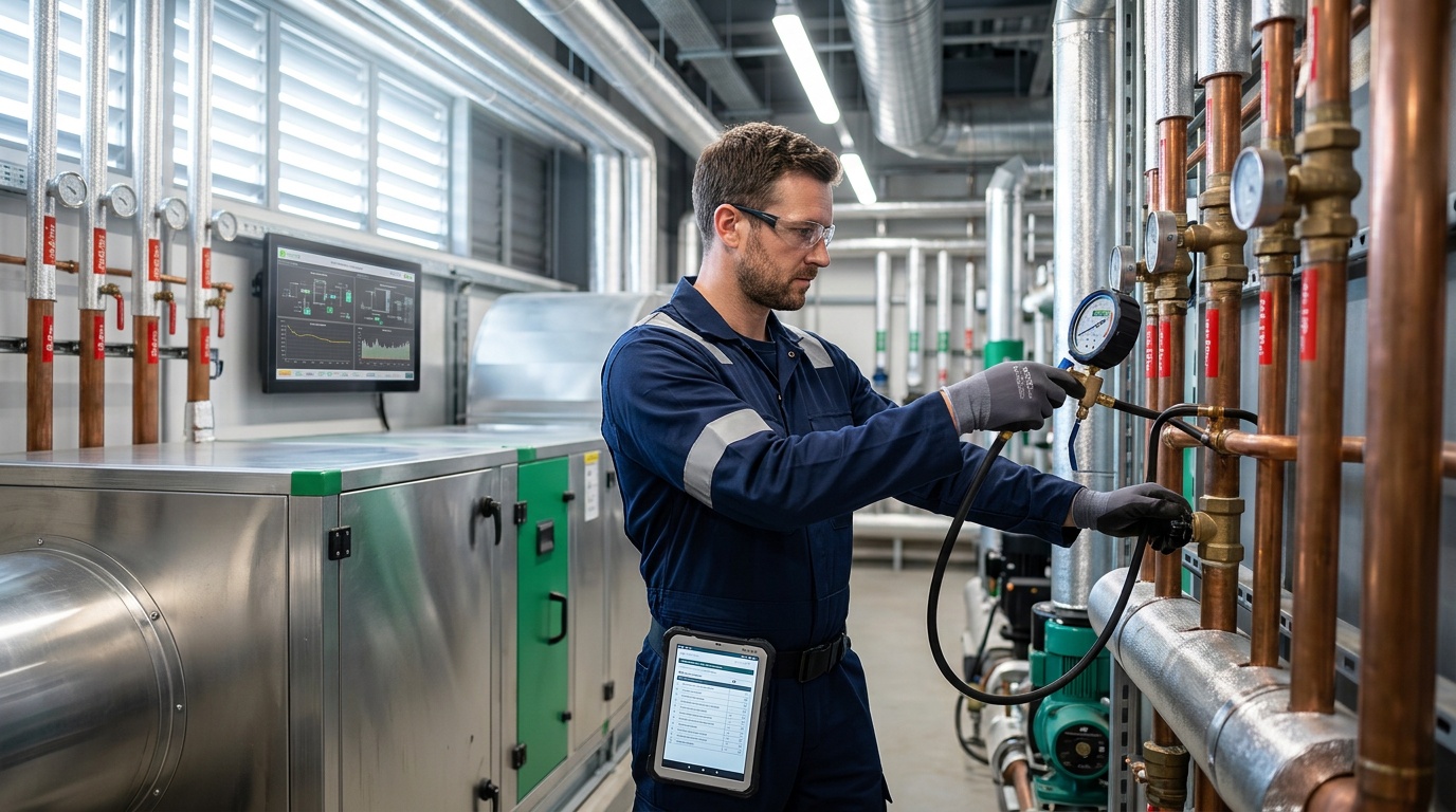 MEMS engineer conducting an HVAC compliance health check on commercial plant equipment