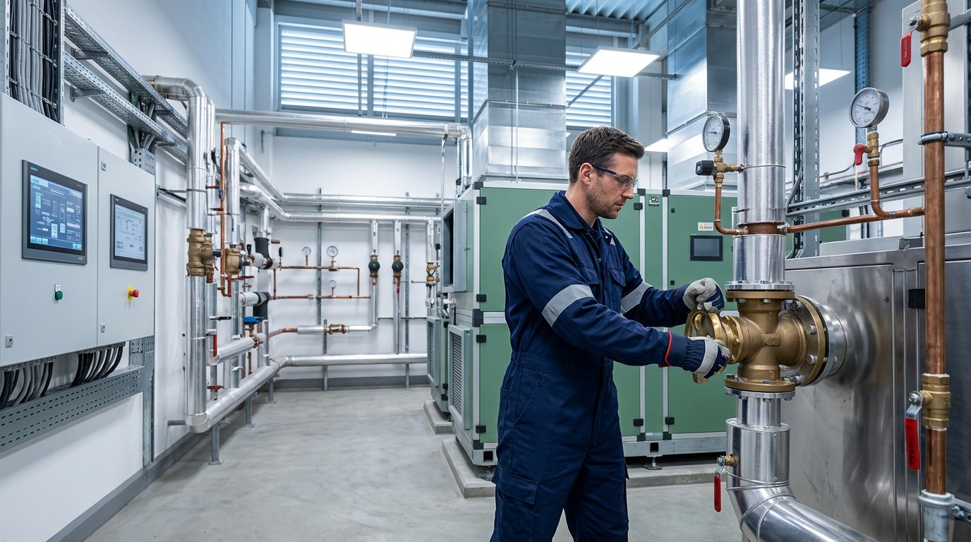 Facility manager reviewing HVAC compliance documentation with a MEMS engineer on a commercial site