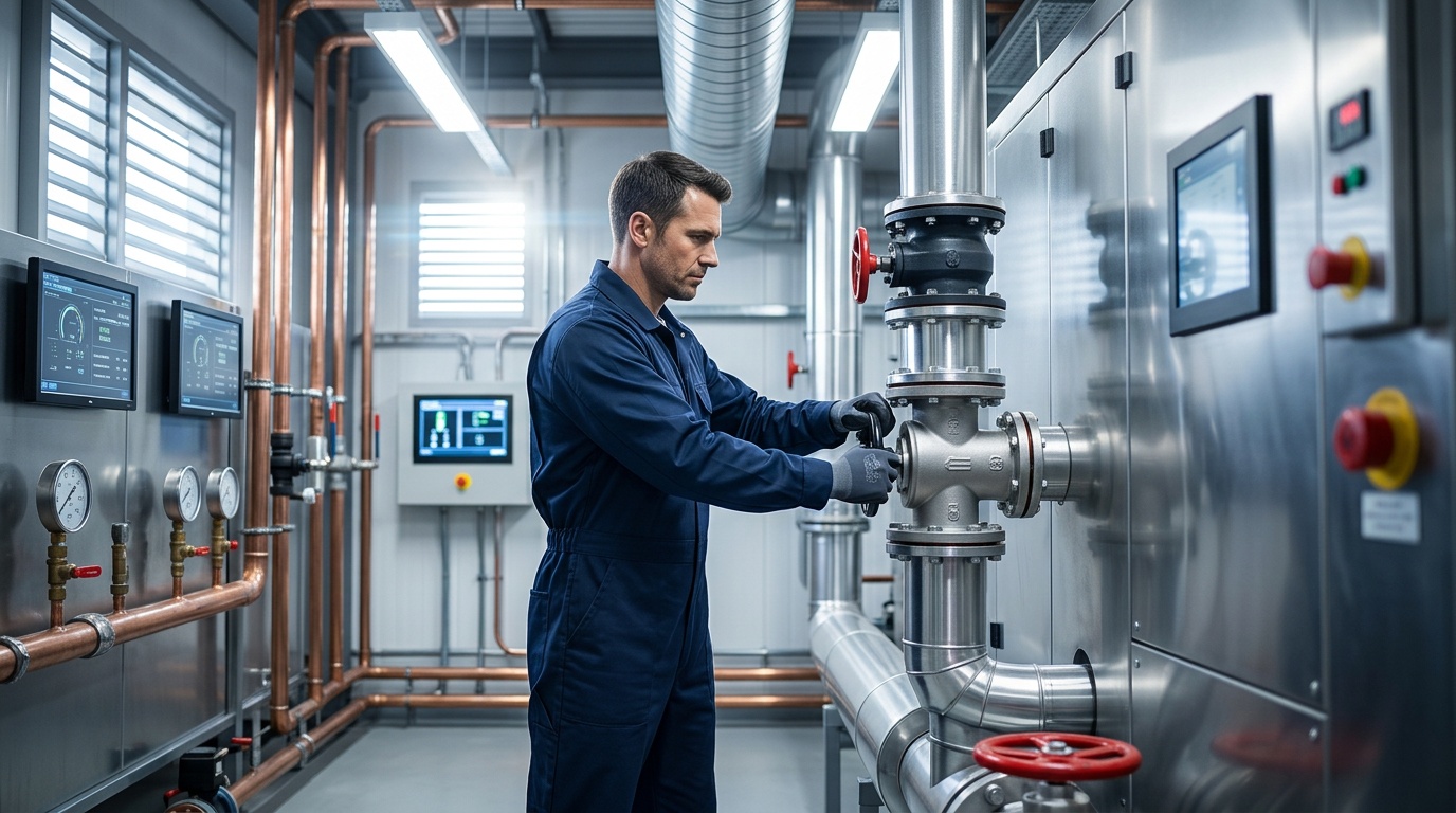 Facility manager reviewing M&E maintenance software dashboard alongside a field engineer on a commercial site