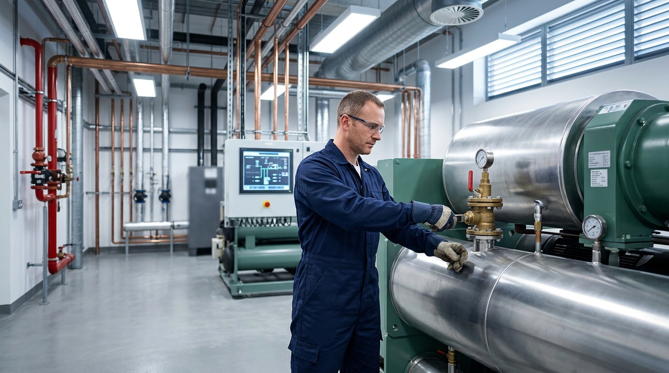 Commercial facility manager walking a plant room with an M&E maintenance engineer during a site survey