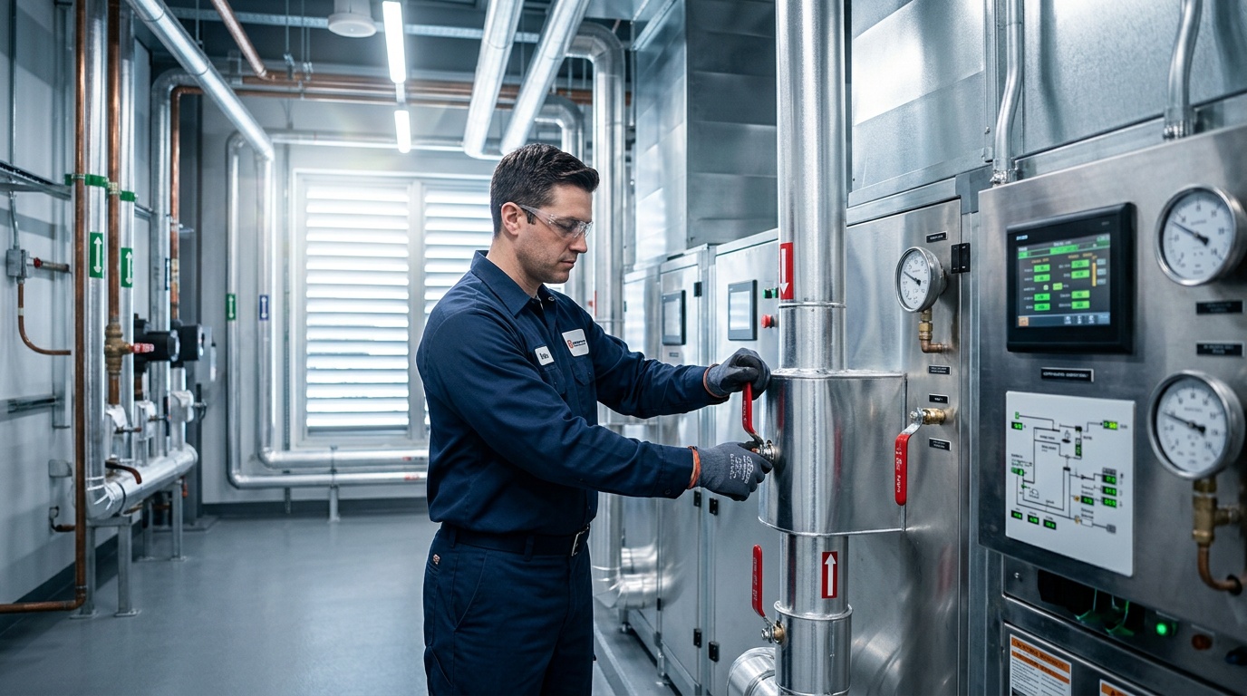 M&E Maintenance Solutions engineer inspecting a commercial HVAC air handling unit