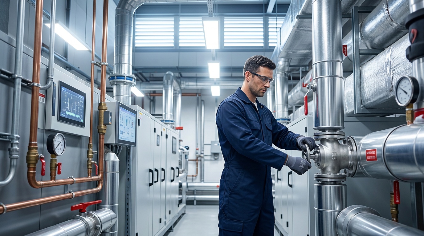 M&E Maintenance Solutions engineer conducting a commercial HVAC compliance inspection