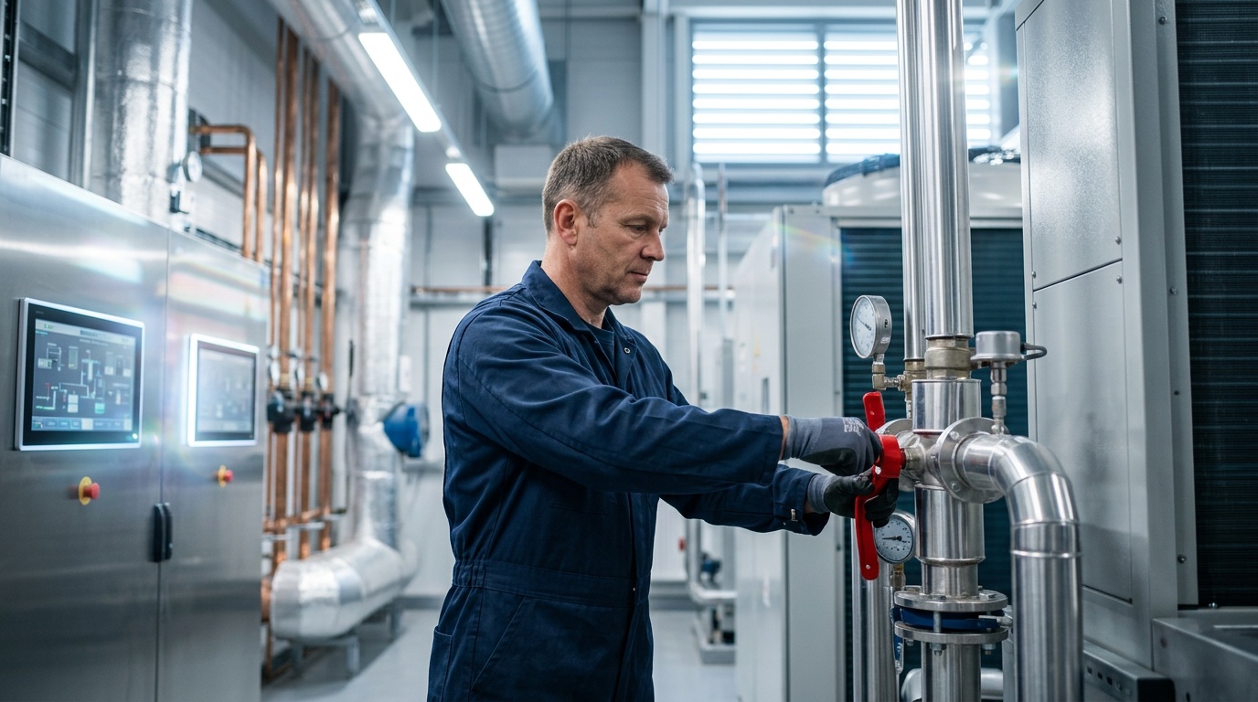 M&E Maintenance Solutions engineer carrying out planned preventative maintenance on commercial HVAC plant