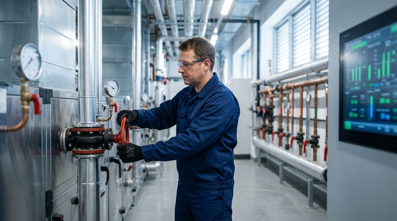 Commercial facility manager reviewing M&E Maintenance Solutions building compliance documentation on site