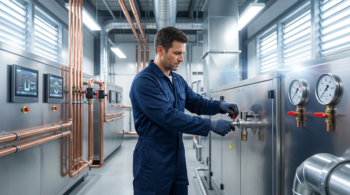 Facility manager and HVAC specialist reviewing compliance documentation on a commercial building site