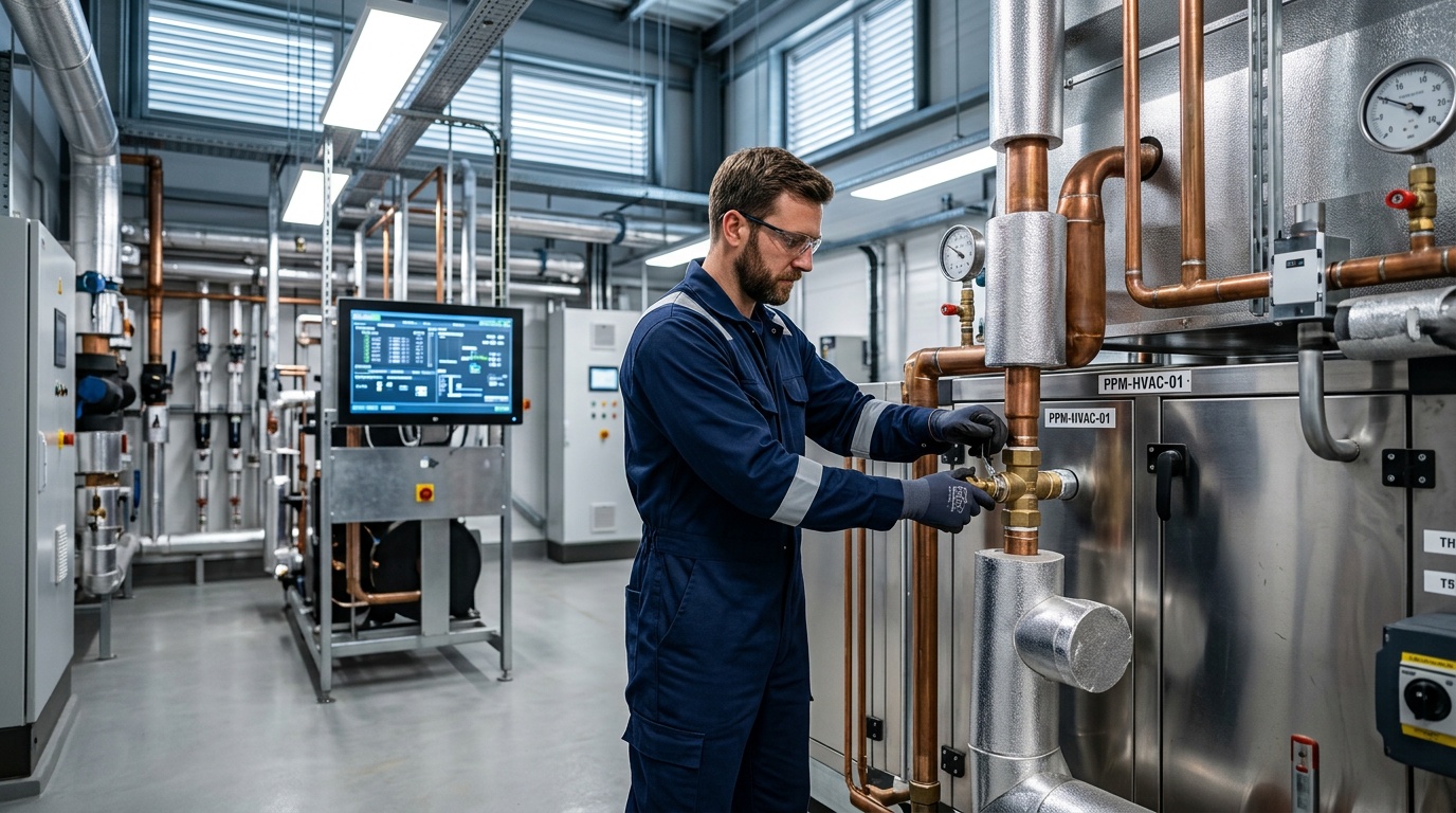 Commercial HVAC engineer conducting a planned preventive maintenance visit on rooftop units.