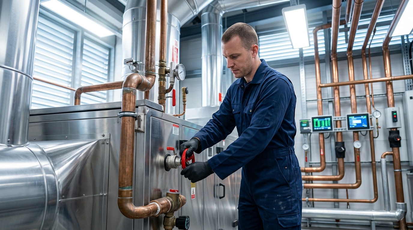 Facilities manager reviewing a planned preventive maintenance compliance report for a commercial building.