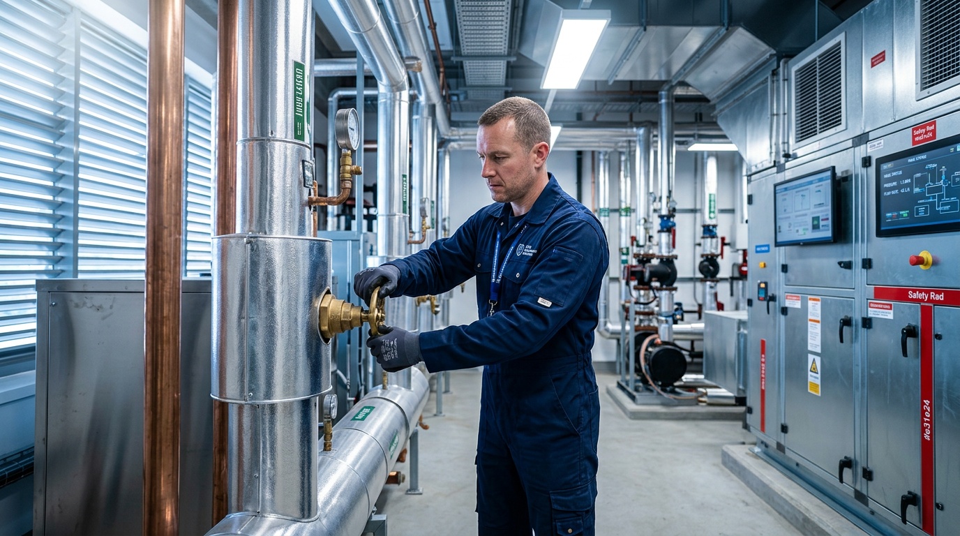 MEMS engineer carrying out professional HVAC installation in a commercial building in Birmingham.