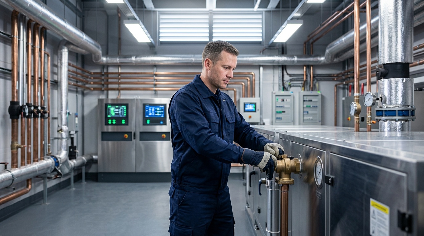 Commercial HVAC maintenance engineer conducting preventative service check