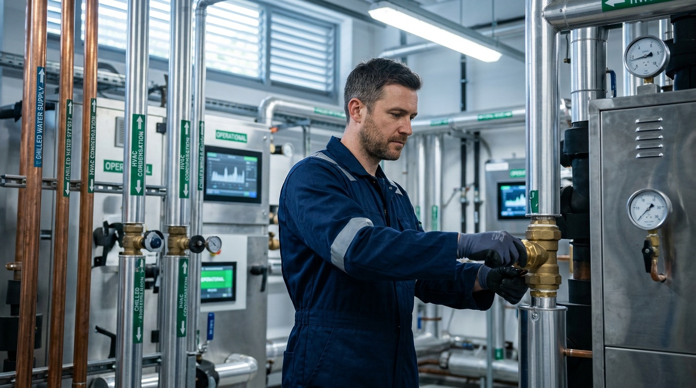 Facility manager reviewing HVAC compliance documentation