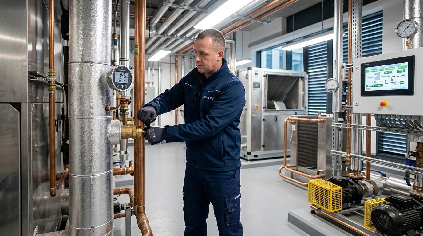 Engineer reviewing criteria for commercial HVAC and plumbing maintenance