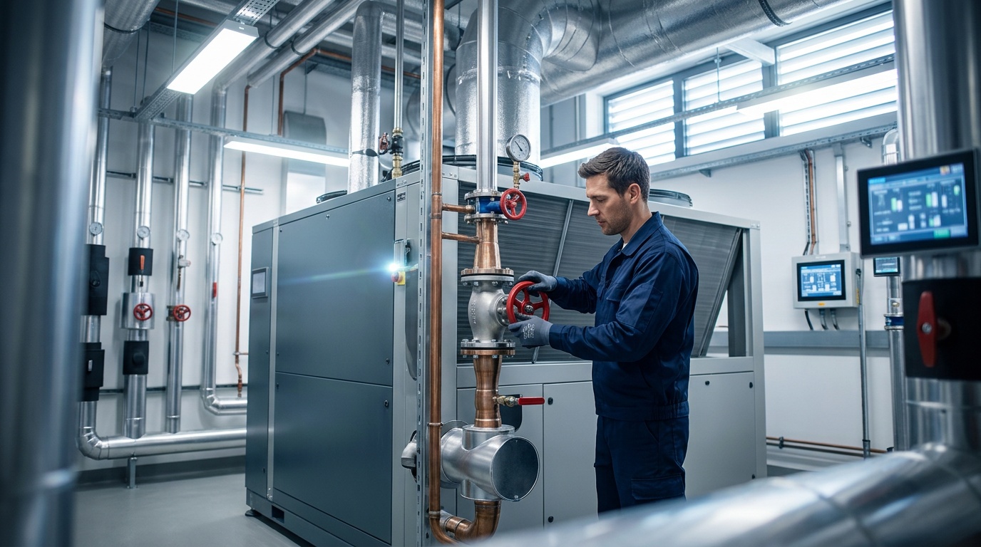 Estate manager reviewing a commercial HVAC and plumbing maintenance checklist