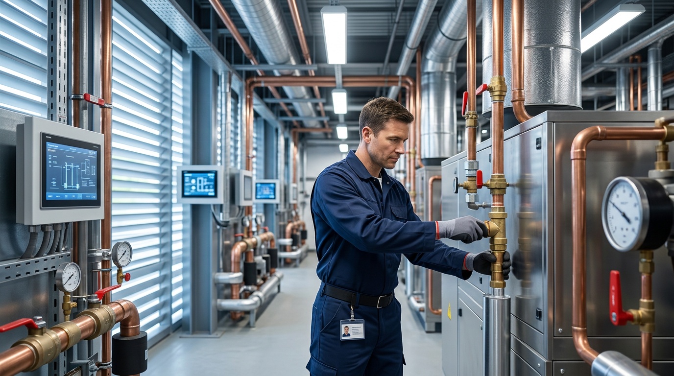 Commercial engineer inspecting plumbing and building services in a Birmingham plant room