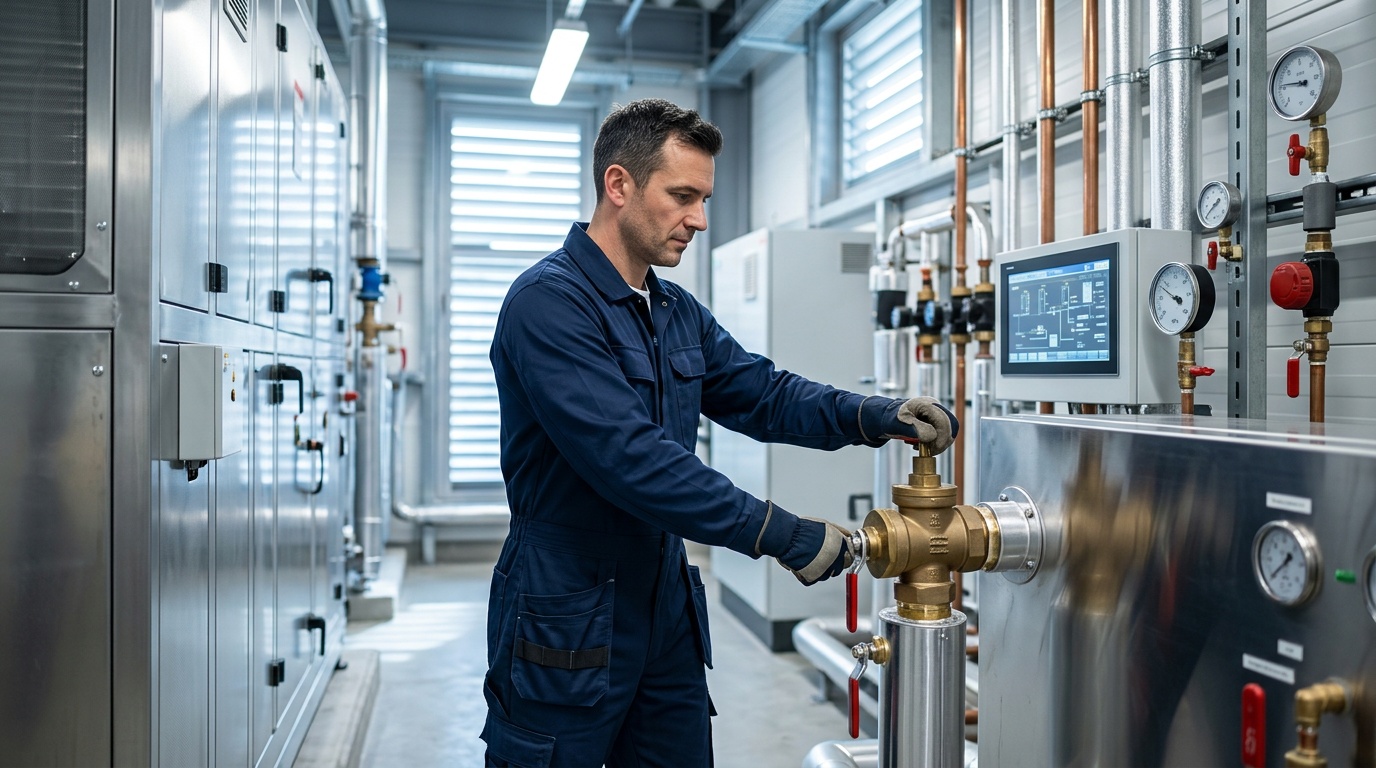 Electrician inspecting a consumer unit in a Birmingham commercial building