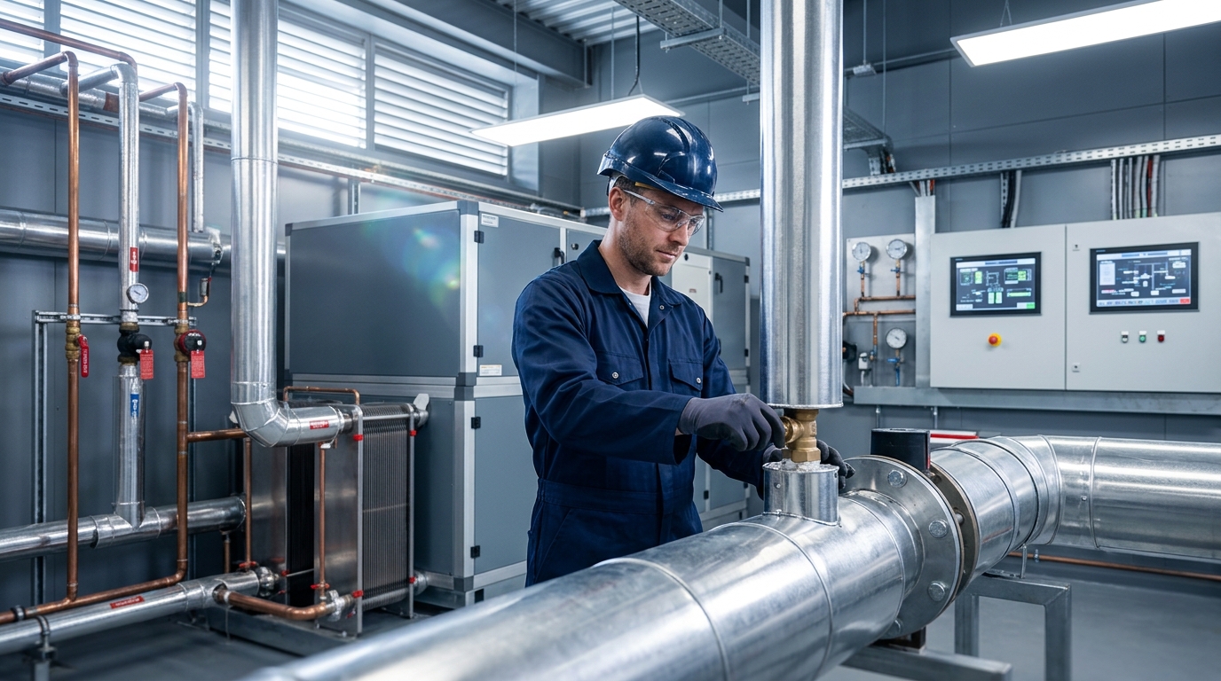 Technician carrying out planned commercial building maintenance