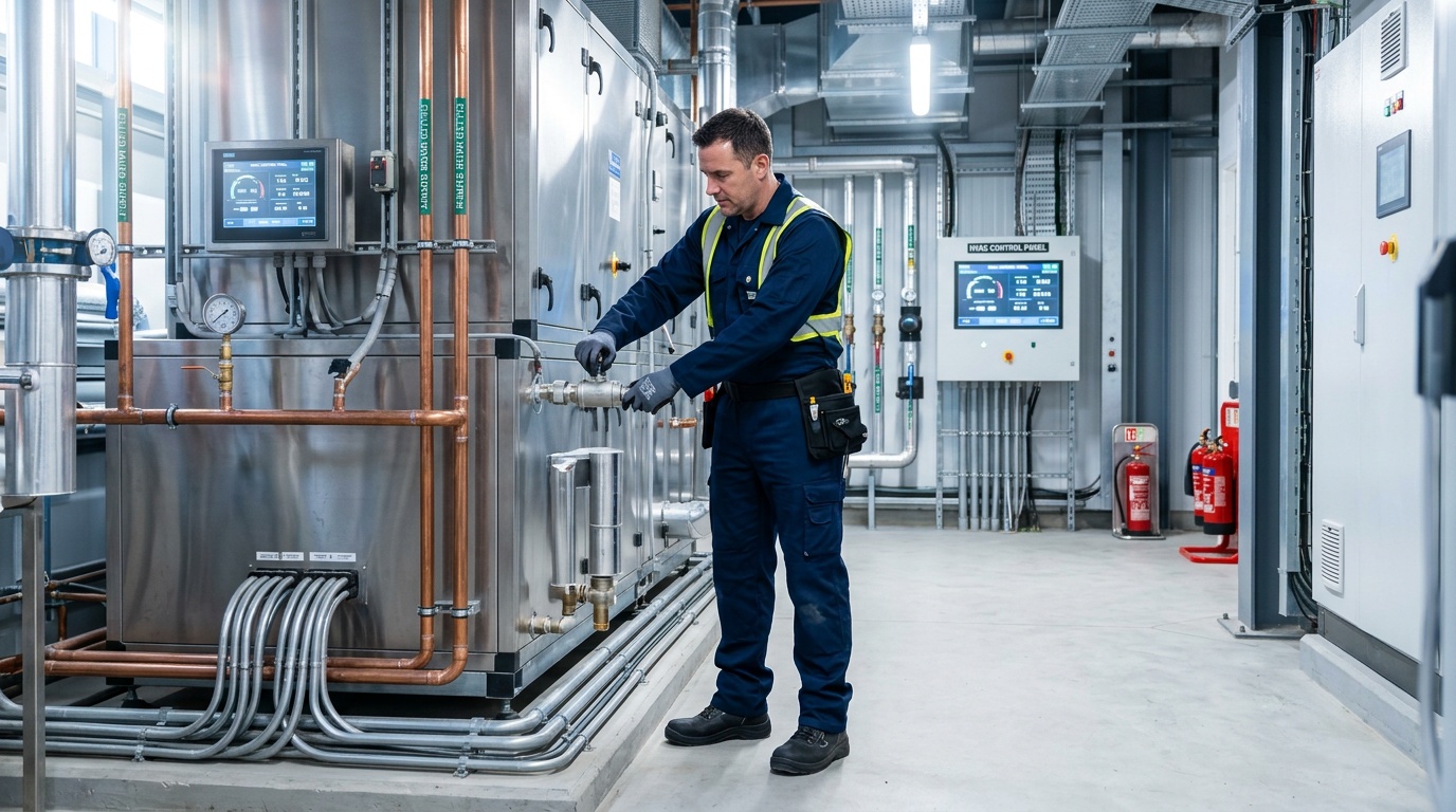 Electrical and mechanical services in a commercial plant room