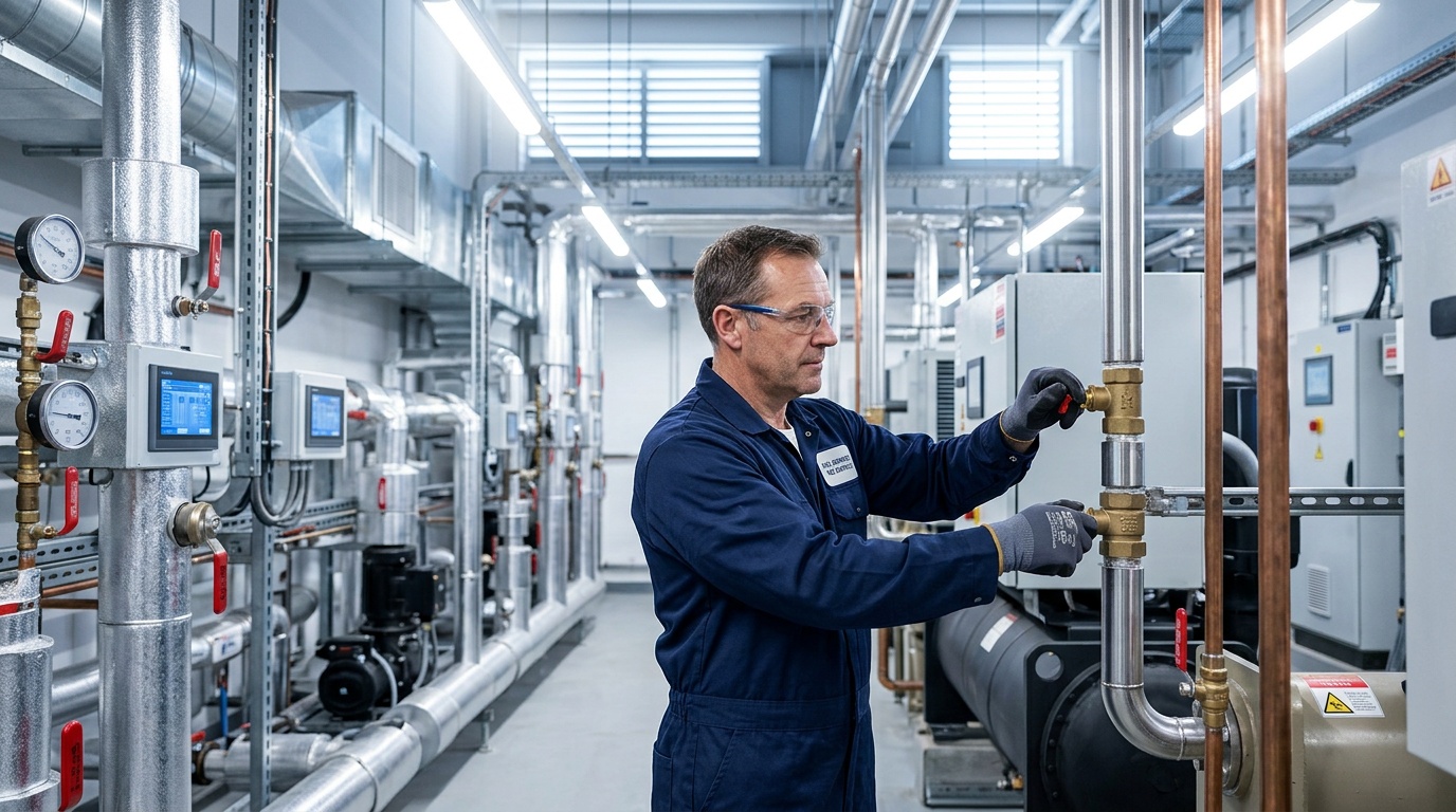 Engineer inspecting electrical and plumbing systems in a Birmingham commercial building