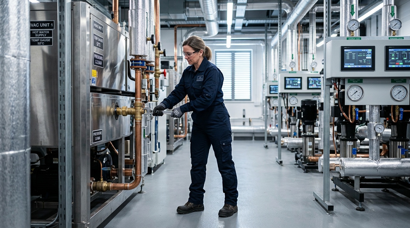 Engineer inspecting commercial HVAC and plumbing equipment in a Birmingham estate