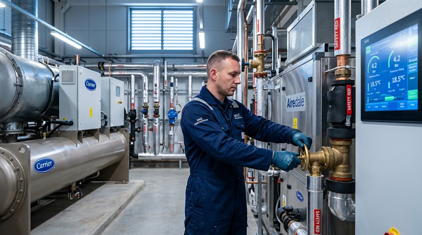 Commercial estate manager reviewing HVAC and plumbing maintenance costs