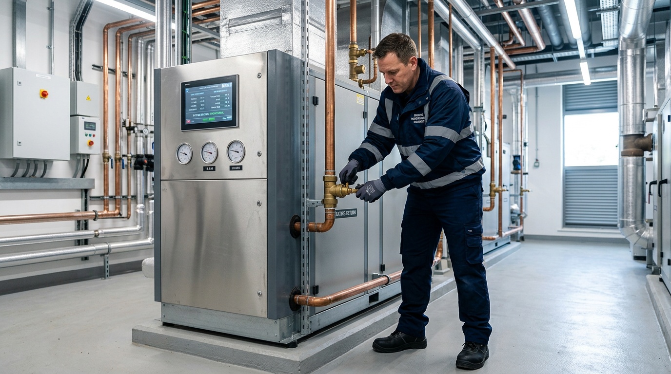 Engineer comparing commercial boiler repair and plumbing faults in Birmingham