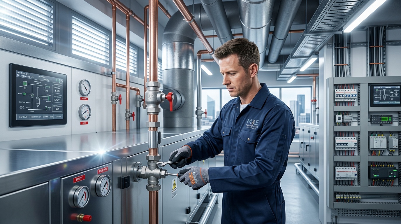 Engineer assessing integrated heating and electrical systems in a Birmingham commercial building