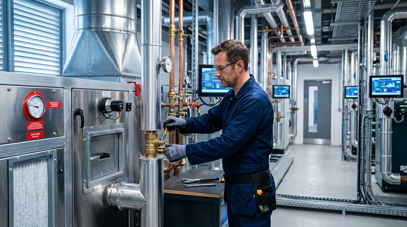 Technician checking mechanical building services equipment