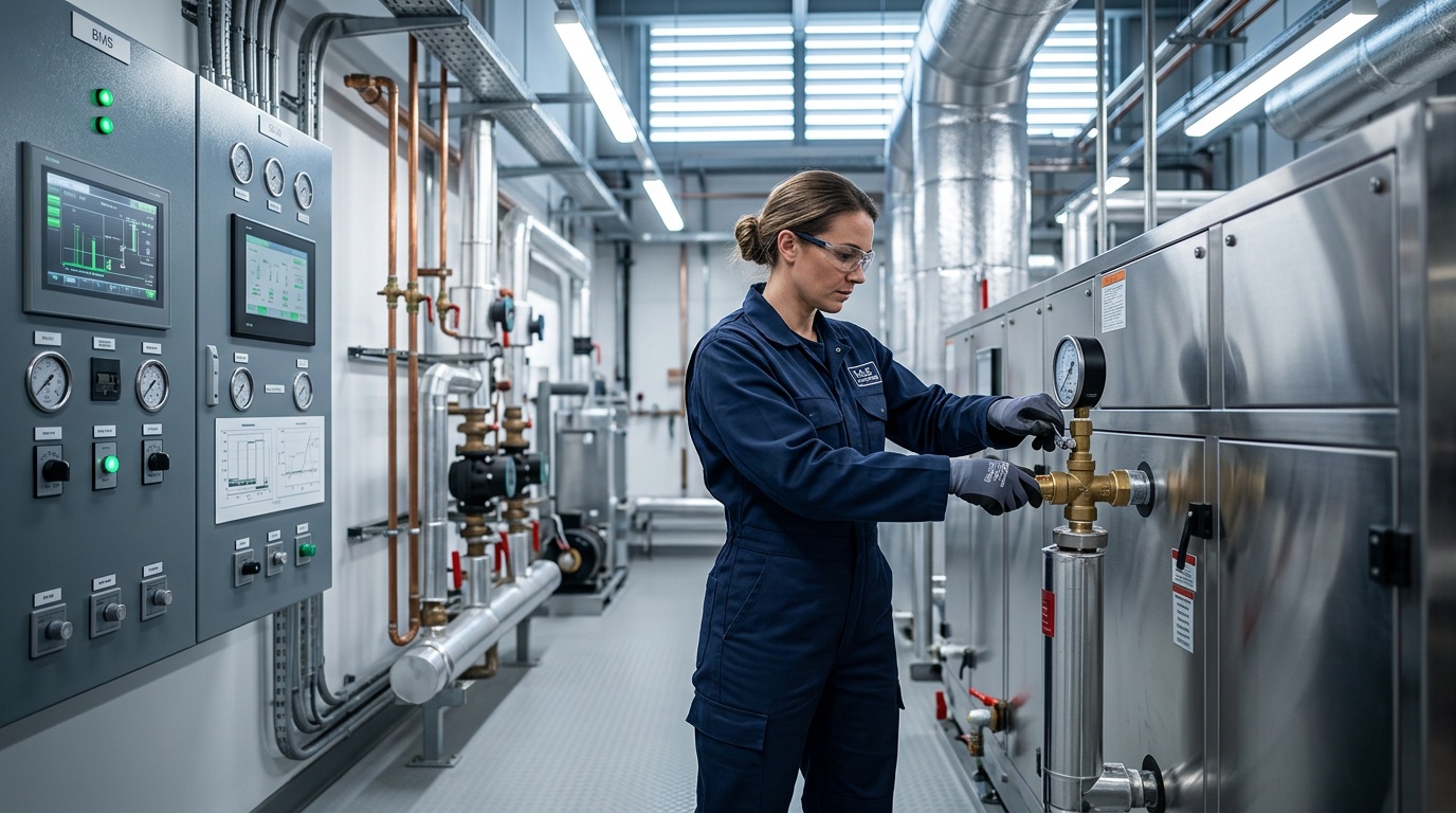 Technician inspecting pumps and associated commercial plant