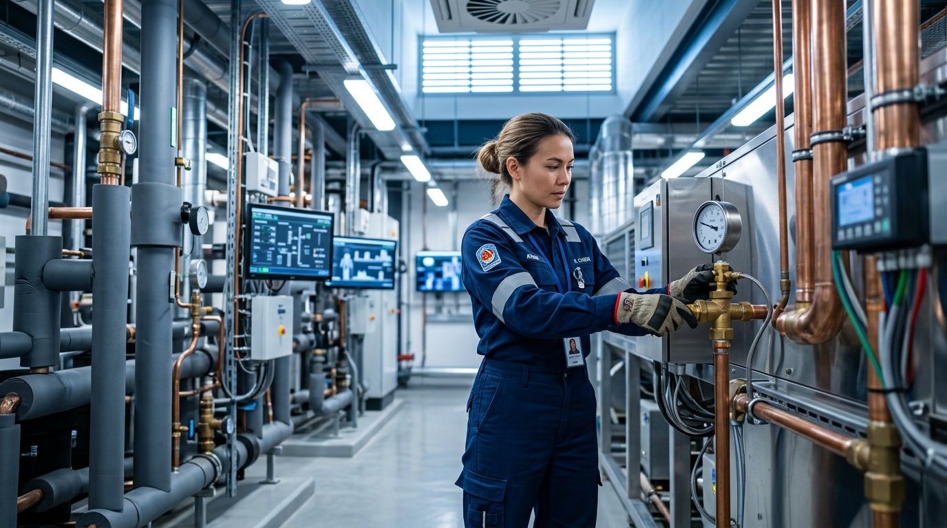 Engineer reviewing the condition of commercial HVAC equipment