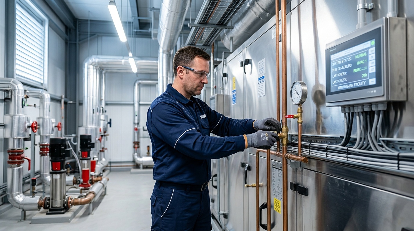 Engineer reviewing planned preventative maintenance records for commercial electrical assets