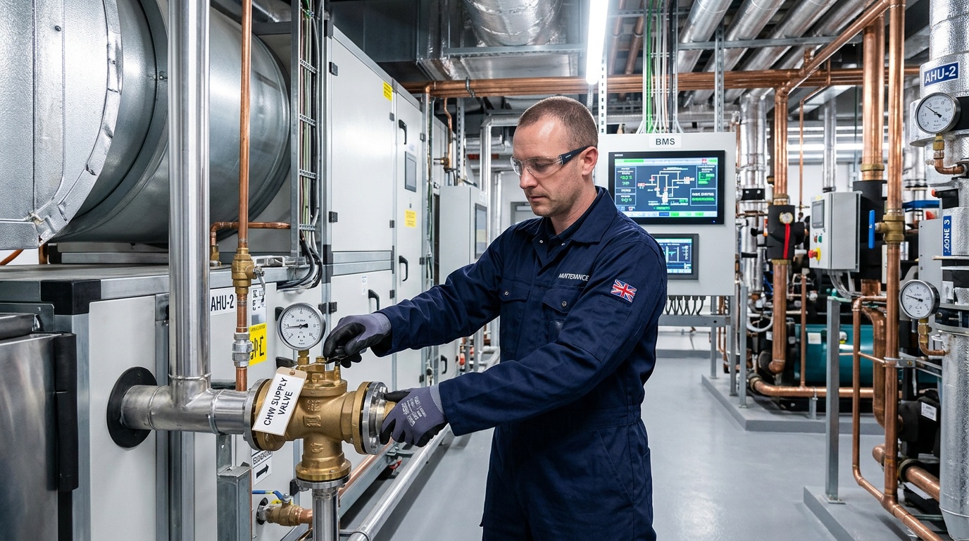Engineer carrying out planned electrical maintenance in a Birmingham commercial building