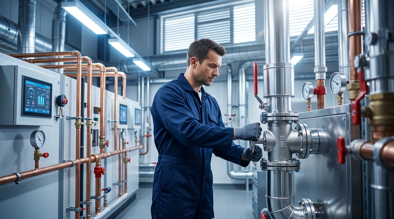 Plumber assessing a leak in commercial premises