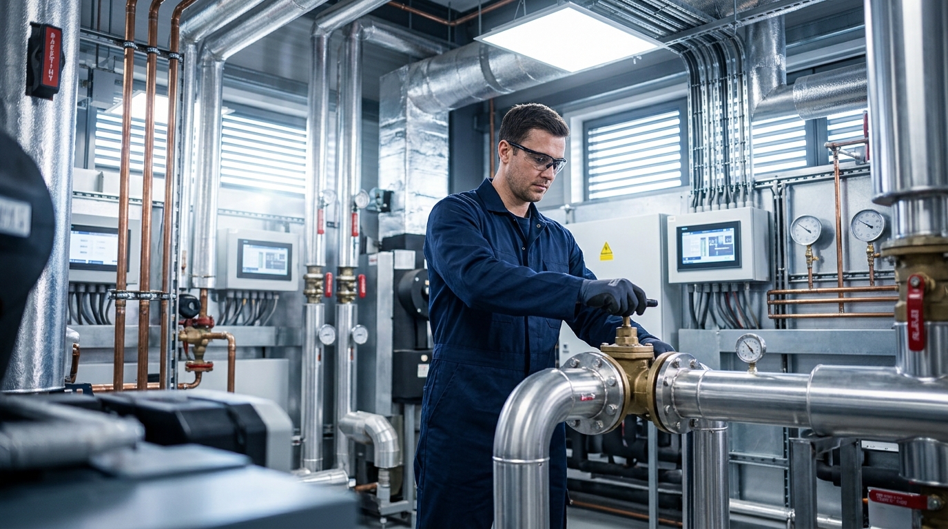 Engineer carrying out plumbing maintenance at a commercial site