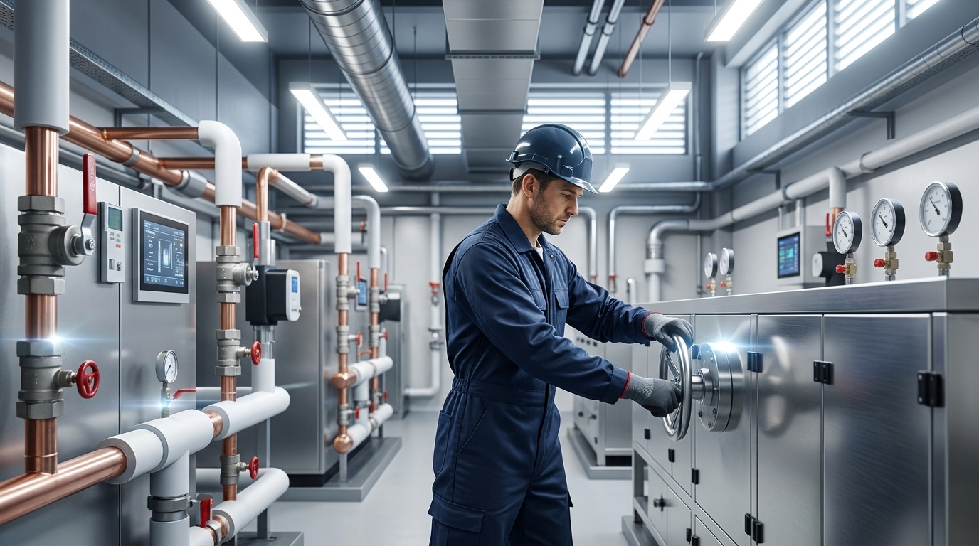 Engineer inspecting commercial pipework