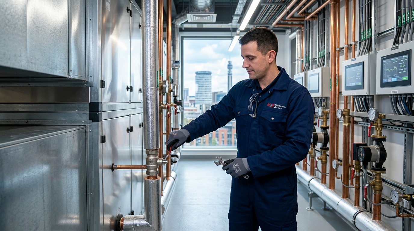 Commercial plumber inspecting pipework in a Birmingham building