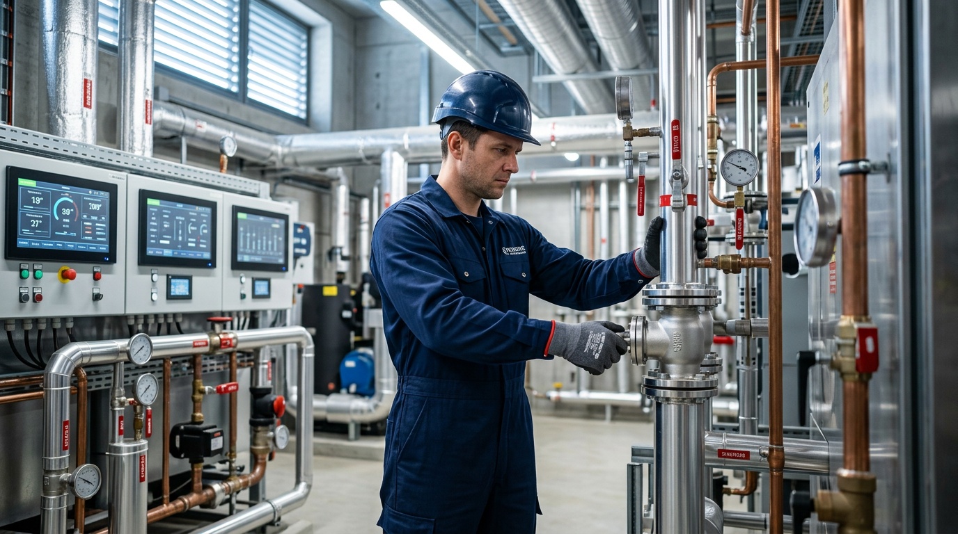 Industrial electrician inspecting electrical equipment in a commercial plant room