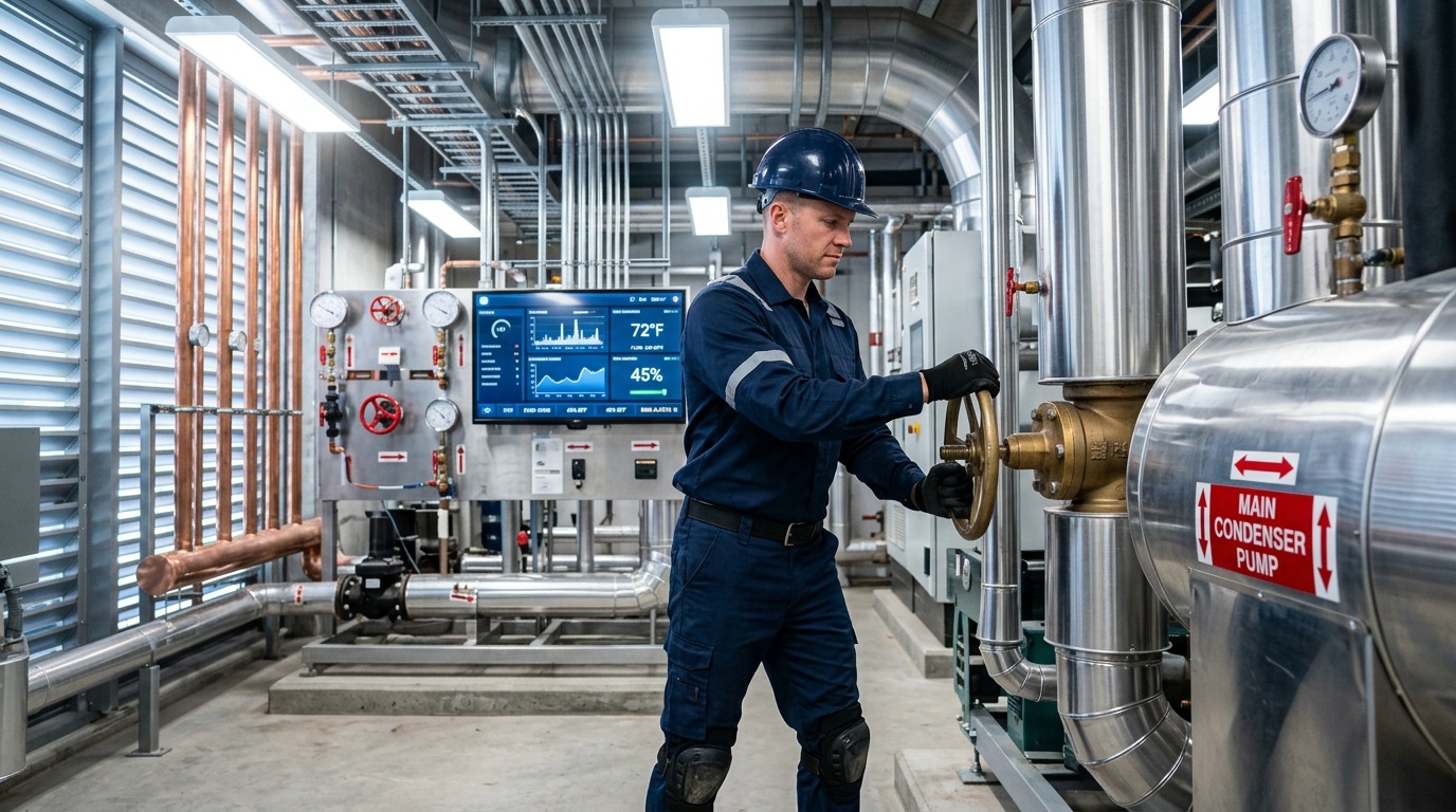 Industrial electrician inspecting electrical control equipment in a manufacturing plant