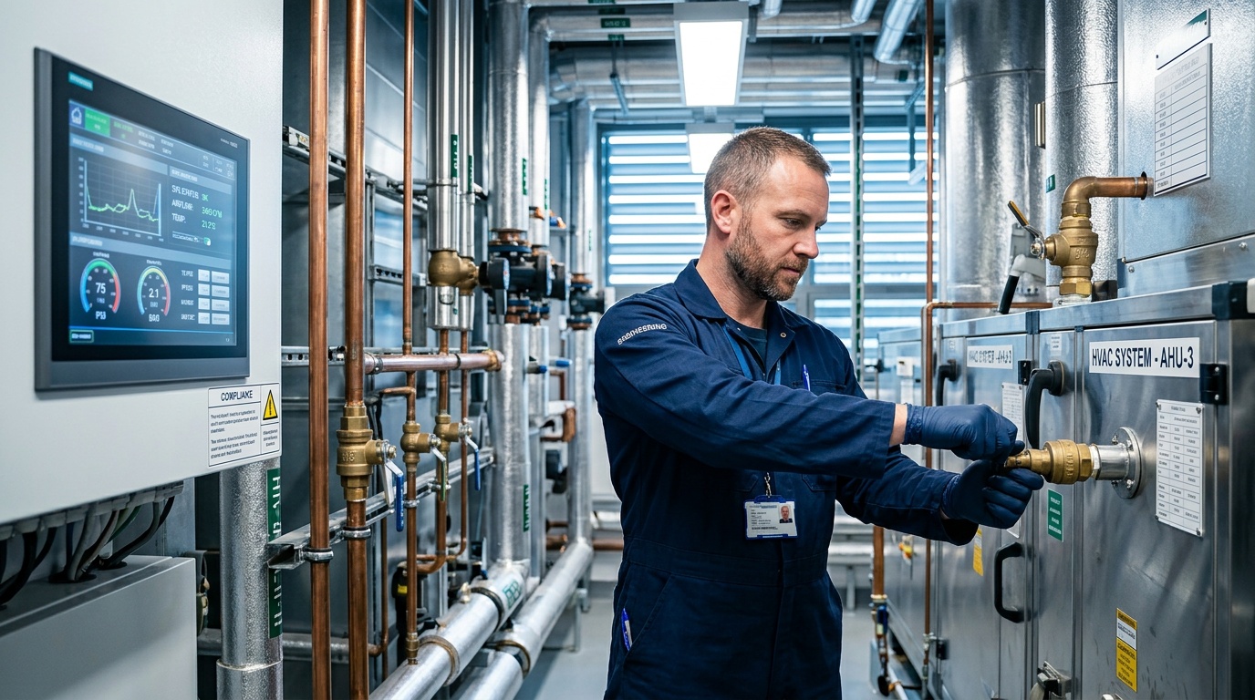 Engineer carrying out a commercial HVAC compliance inspection