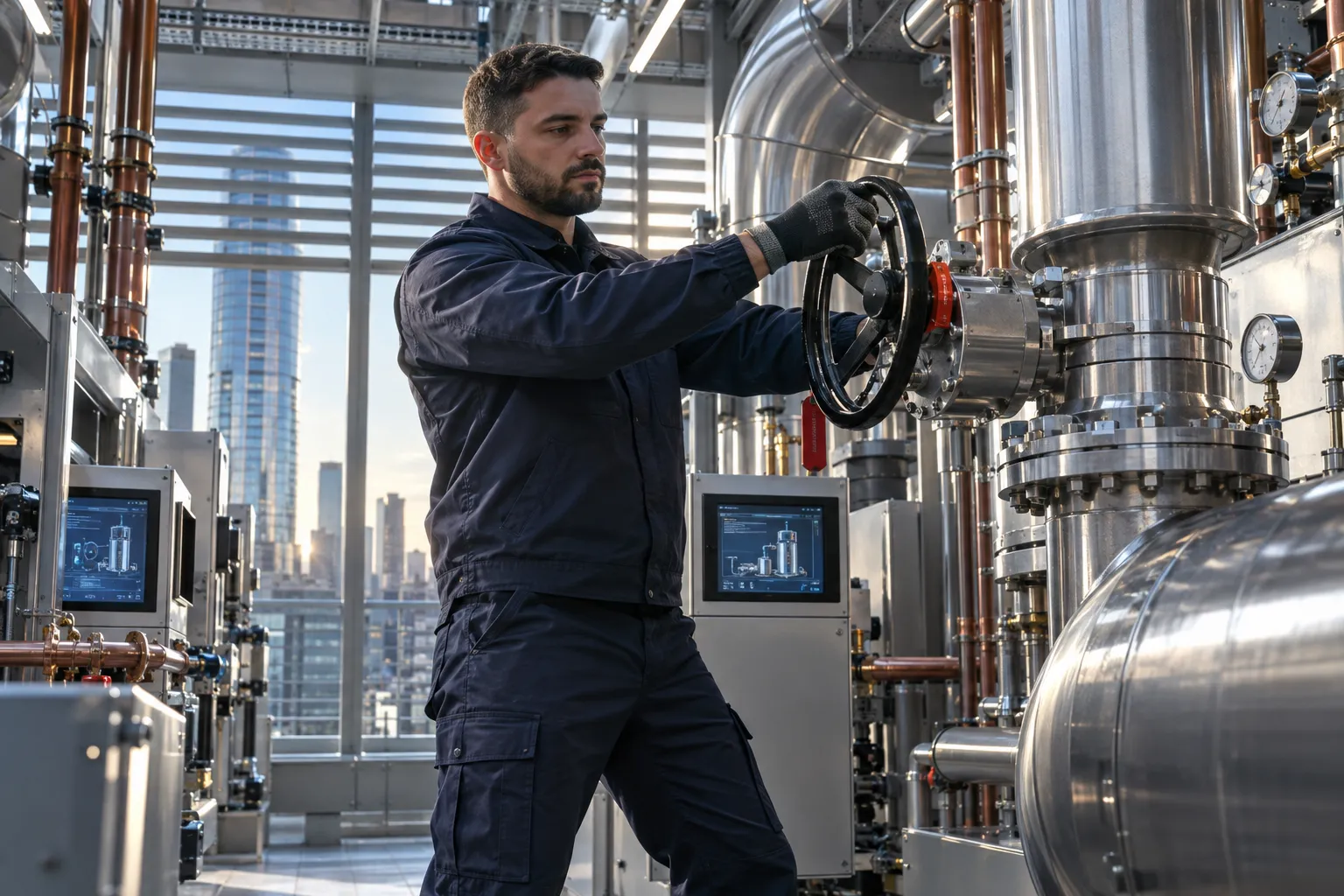 Modern commercial plant room with precision-maintained HVAC and electrical systems