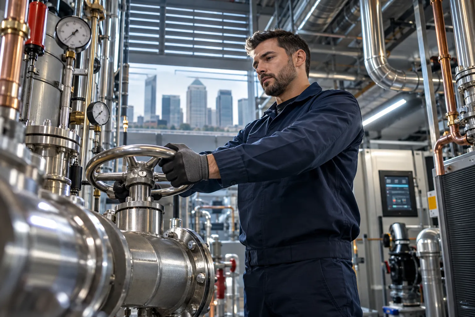 Modern commercial plant room with HVAC systems and precision-maintained mechanical equipment
