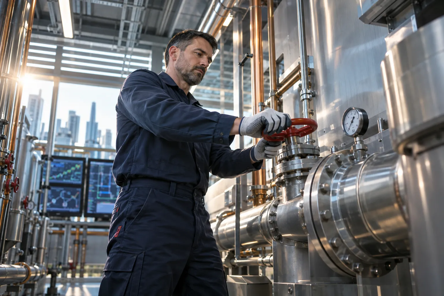 Technician inspecting modern commercial HVAC ventilation unit in plant room