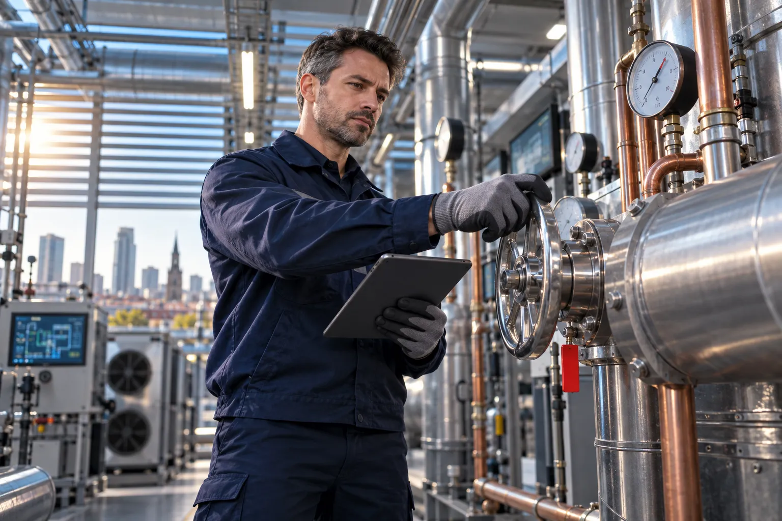 HVAC engineer servicing modern ventilation equipment in commercial plant room