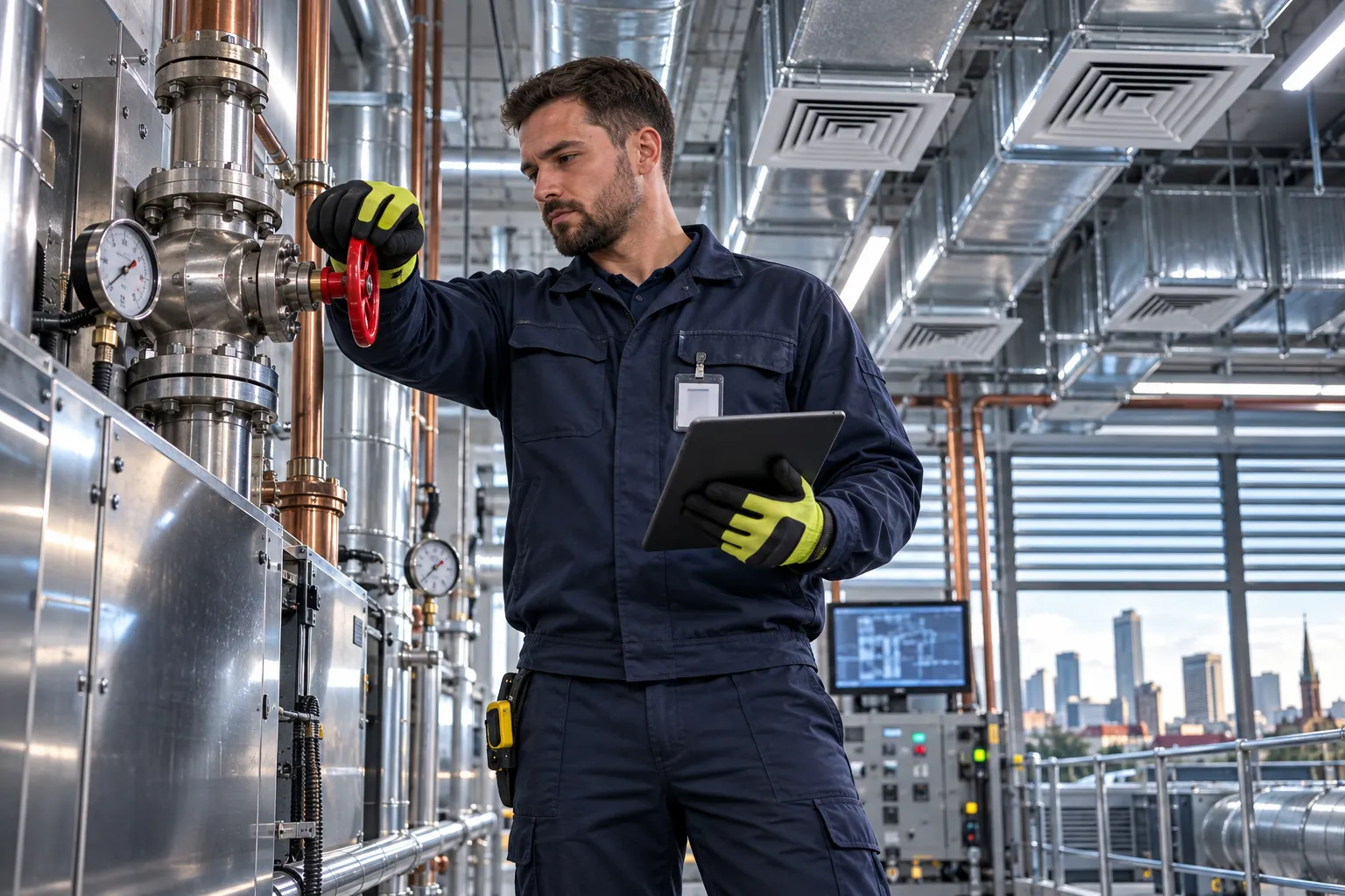 Commercial HVAC ductwork and ventilation equipment in a clean, modern plant room