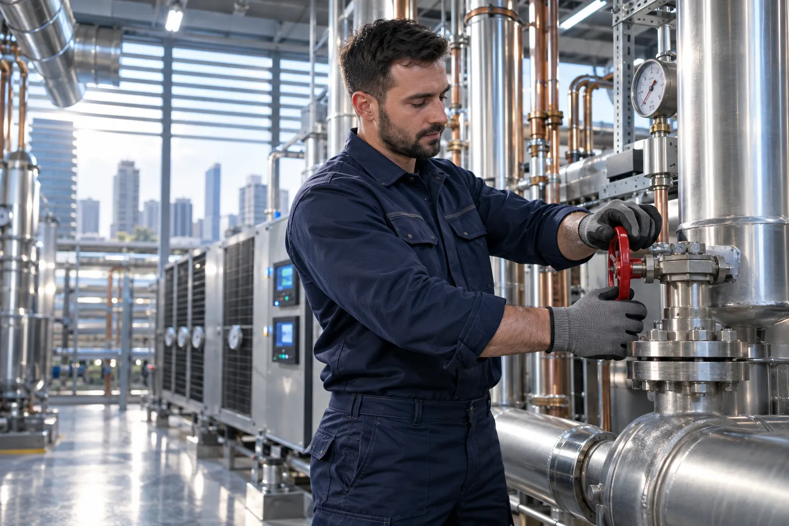 Engineer inspecting modern commercial HVAC plant room ventilation system
