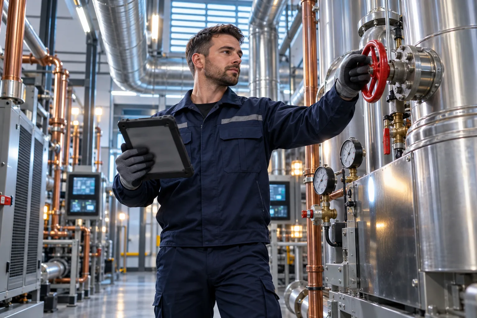 Engineer inspecting modern HVAC system in commercial plant room