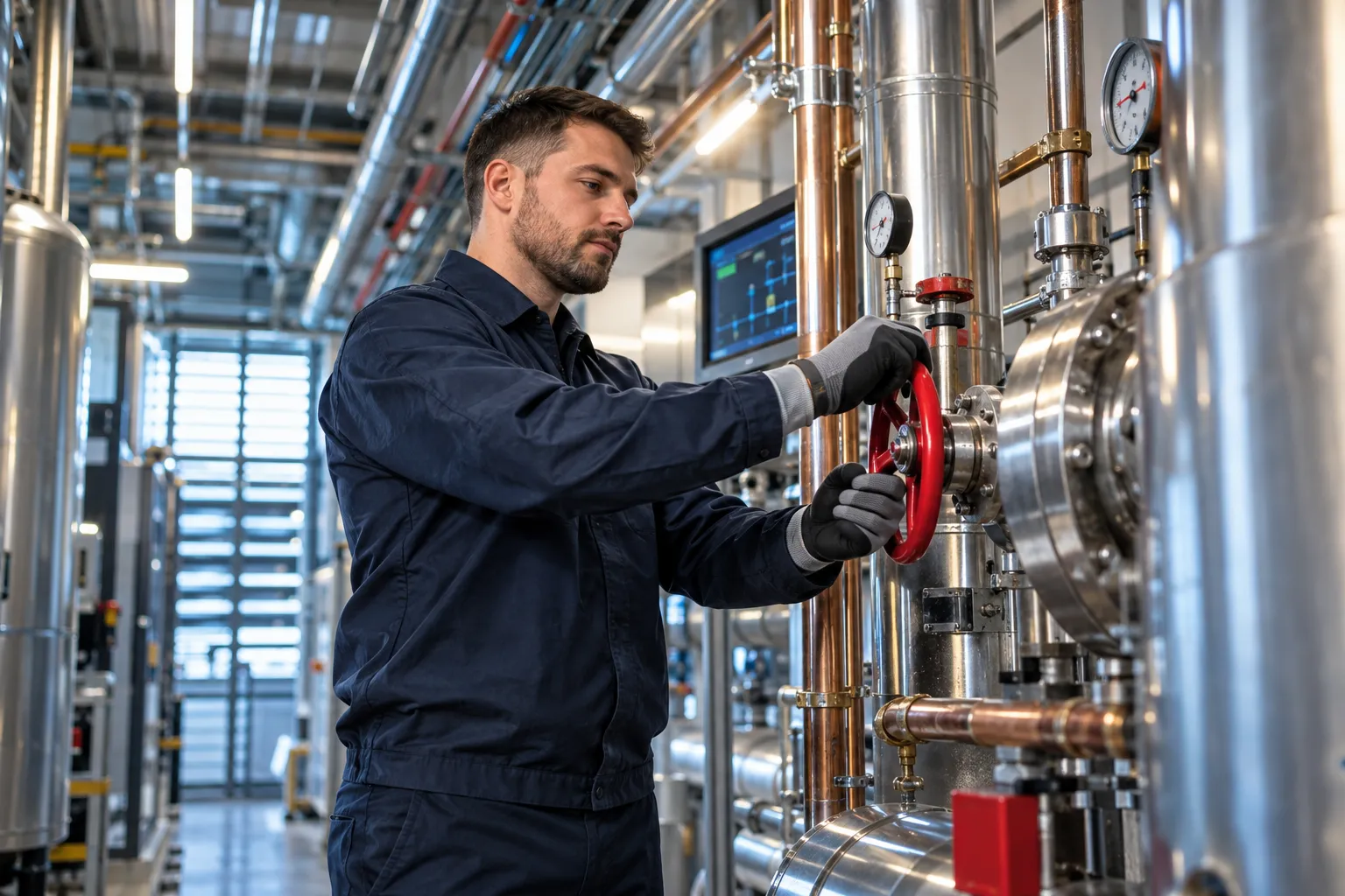 Modern commercial plant room with HVAC systems and precision-maintained engineering equipment