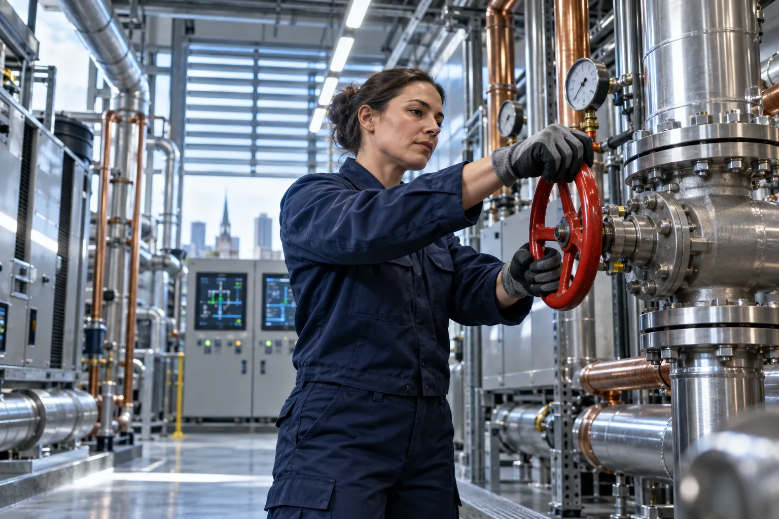 Engineer inspecting modern HVAC equipment in a clean commercial plant