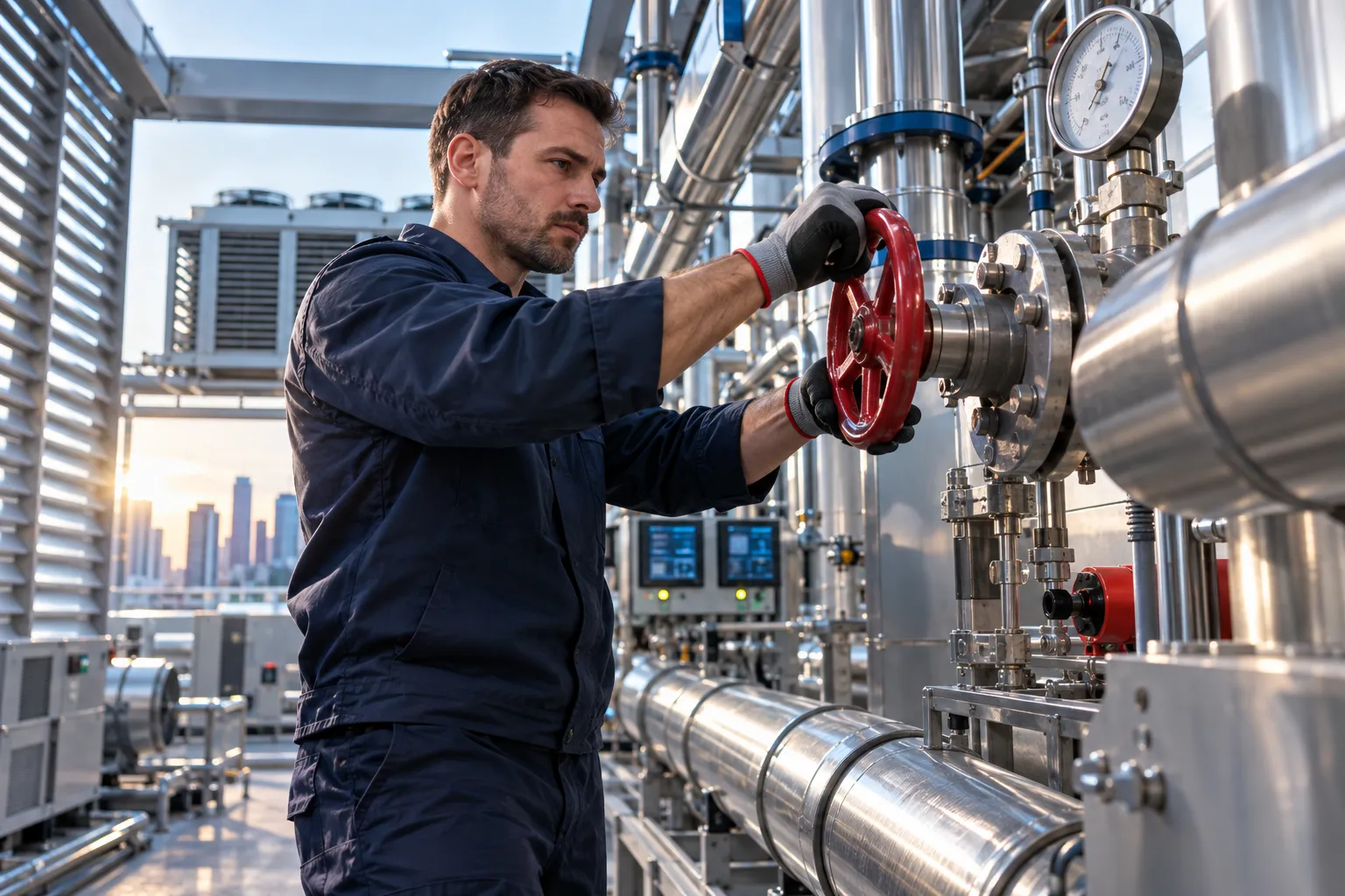 Technician inspecting HVAC equipment in a clean commercial plant room