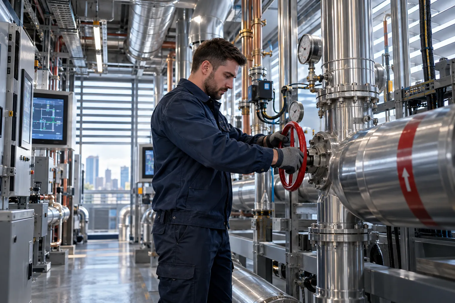 Technician inspecting modern HVAC equipment in a clean commercial plant room