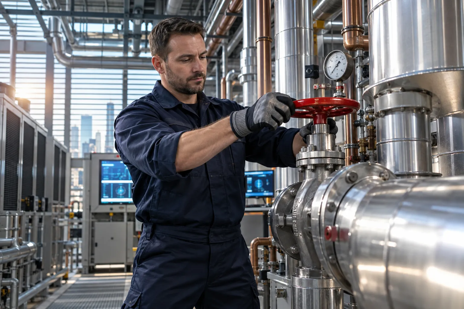 Modern HVAC equipment and electrical systems in a clean commercial plant room