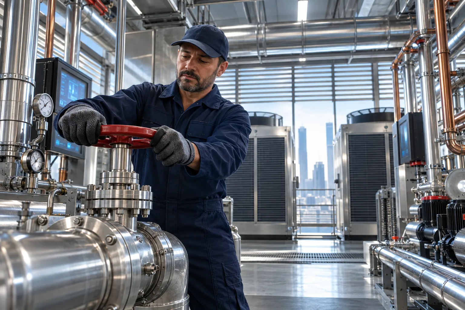 Engineer inspecting modern HVAC equipment in a clean commercial plant room